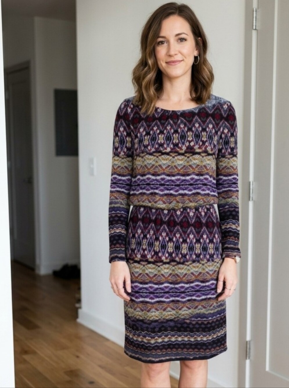 R&M Richards Geometric Print Long Sleeve Elastic Waist Dress Size 12 Boho